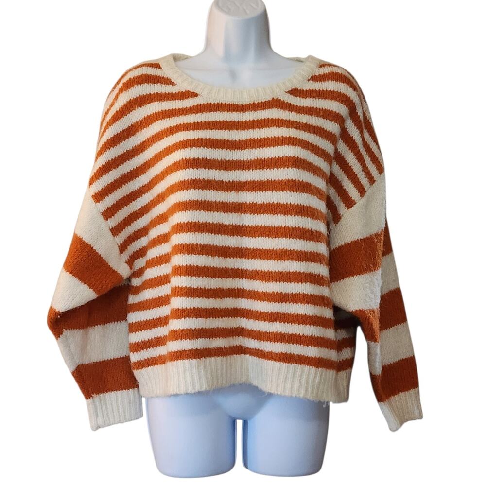 BiBi Womens Boxy Crew Neck Sweater Size S Orange Ivory Striped Fuzzy Oversized
